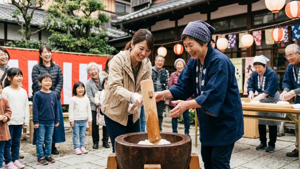 一緒に餅つき