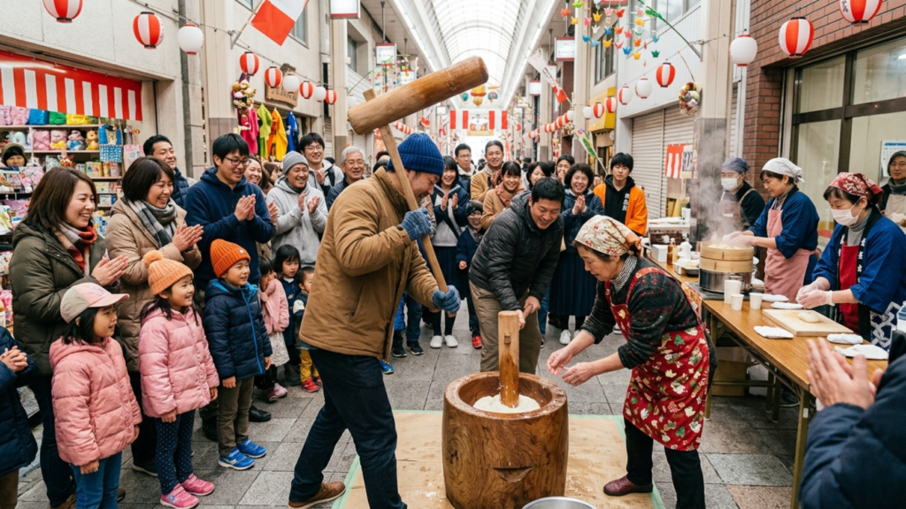 商店街で餅つき大会