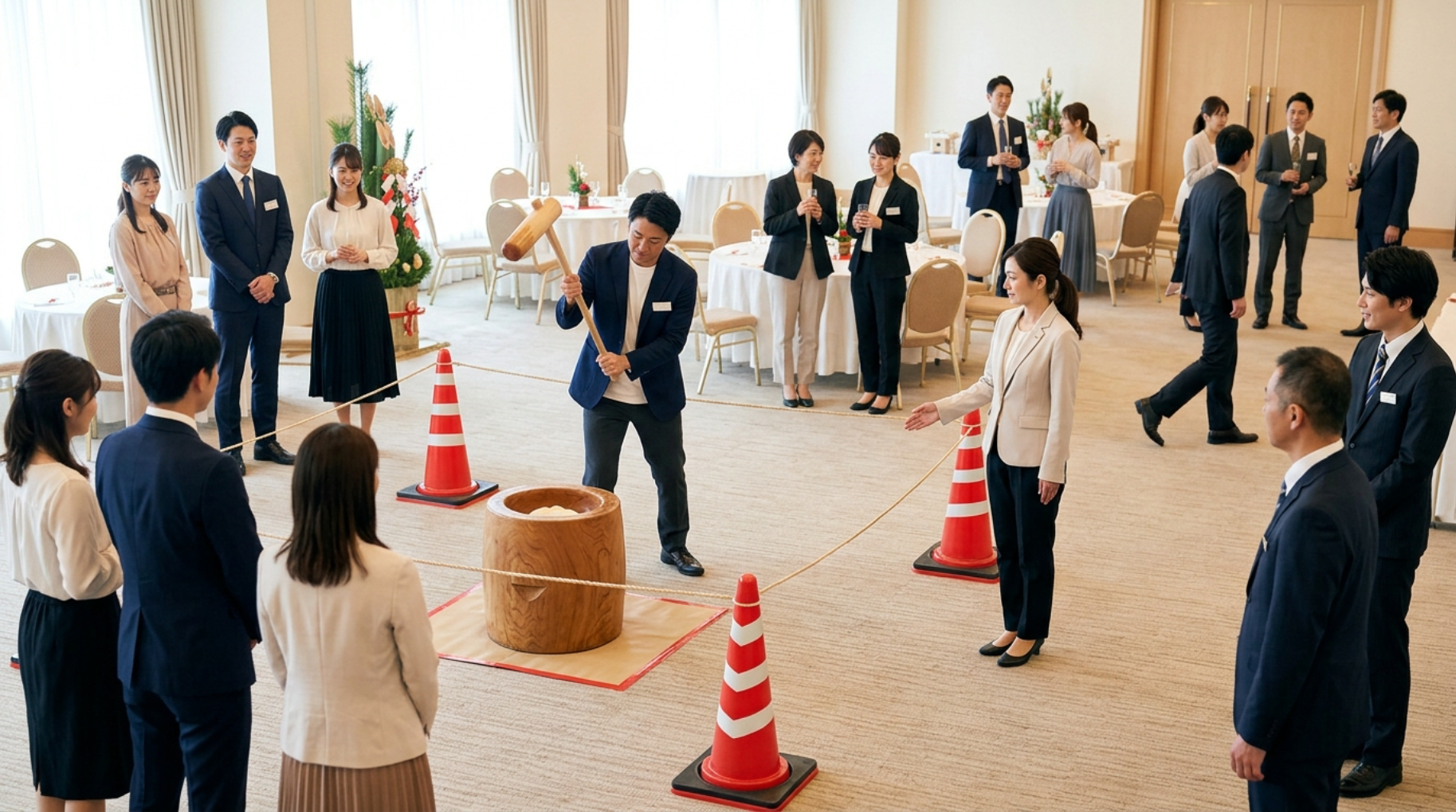 会場内で餅つき